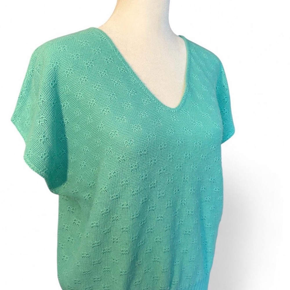 V-Neck Knit Cottagecore Textured Sweater Green Teal M/L - Picture 3 of 6